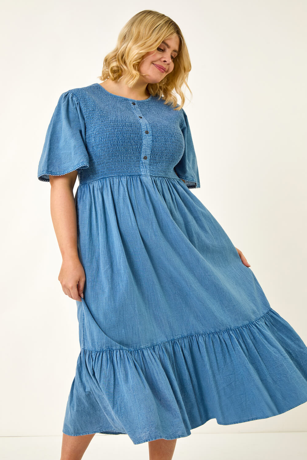 Roman Curve Women's Blue Denim Shirred Midi Dress Size 18