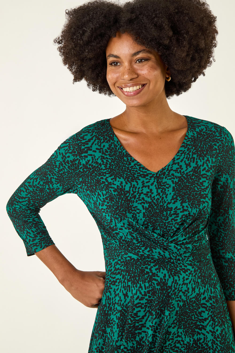 Teal Speckled Print Wrap Bodice Midi Dress, Image 5 of 5