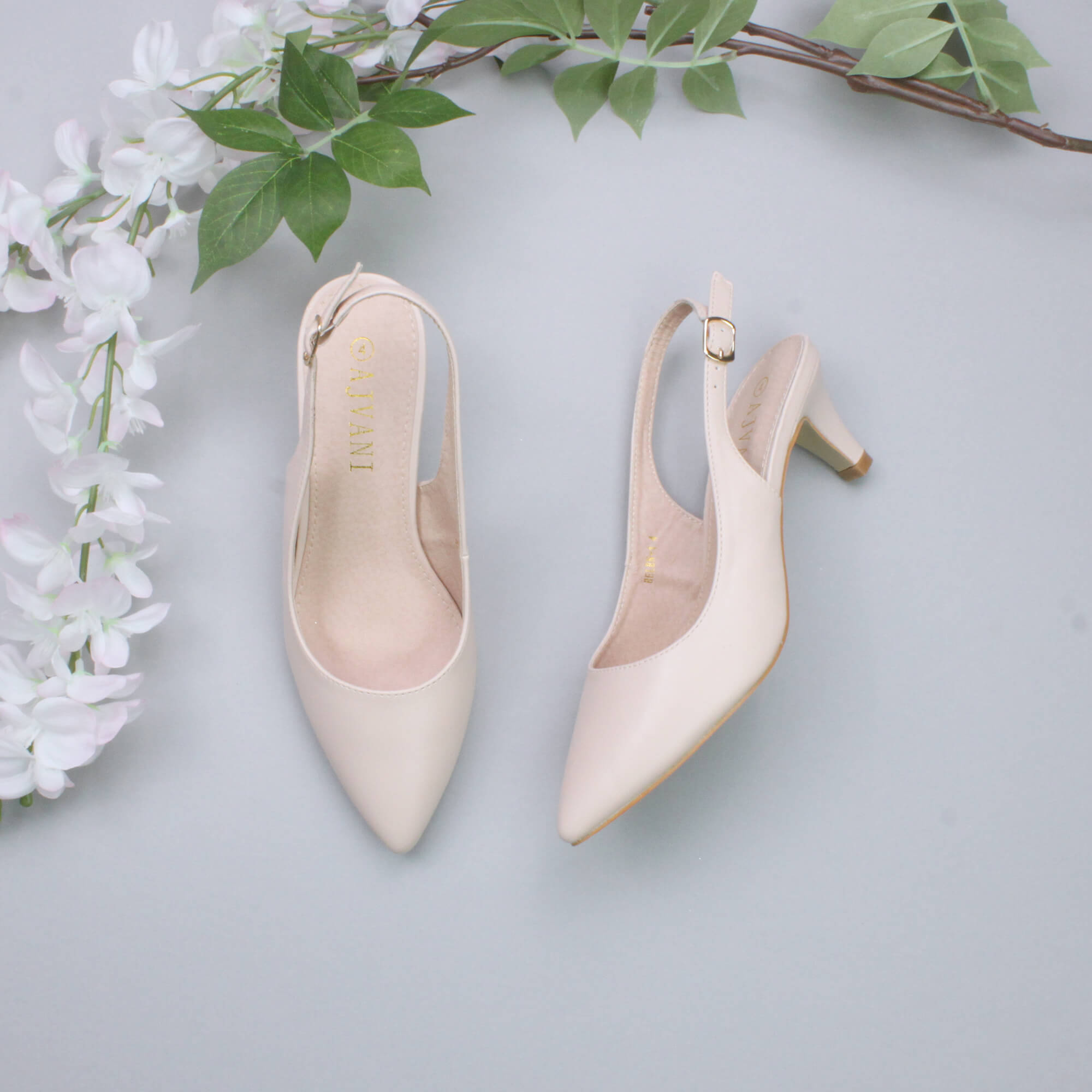 Natural Mid Heel Slingback Pointed Toe Court Shoes, Image 4 of 6
