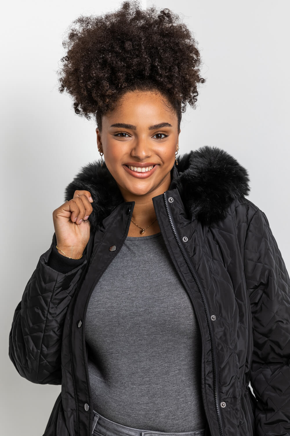 Black Curve Faux Fur Trim Hooded Parka Coat, Image 5 of 5