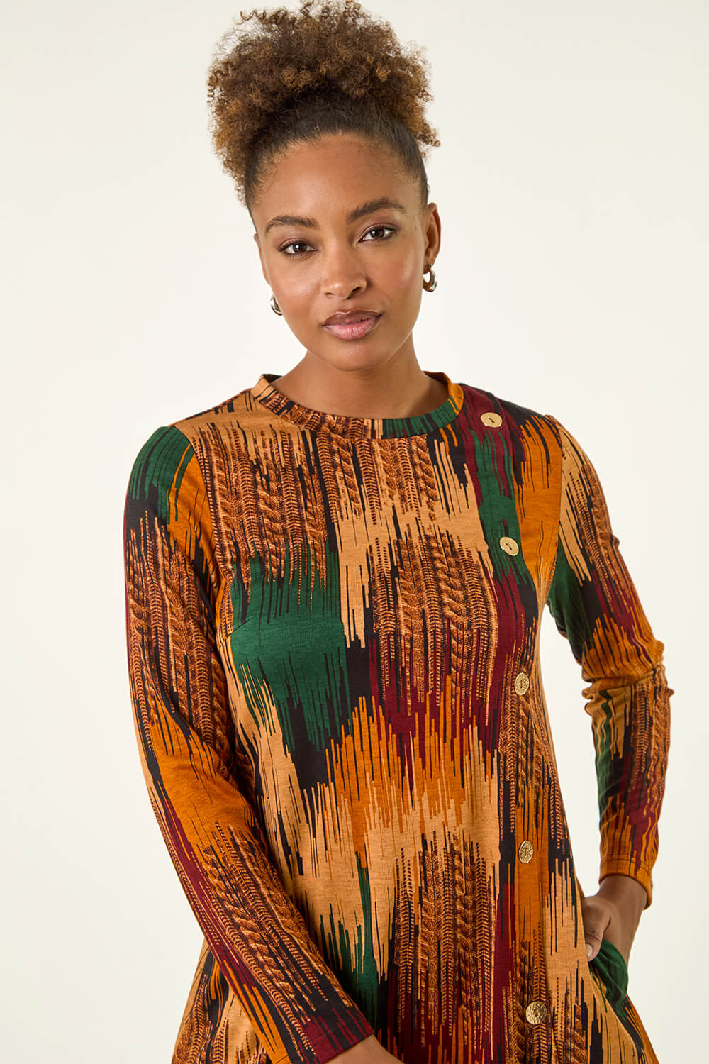 Copper Abstract Side Buttoned Dress, Image 5 of 5