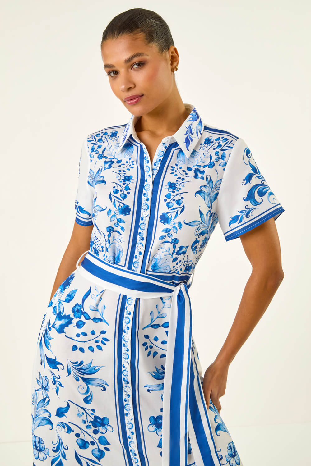Blue Floral Border Print Collared Shirt Dress, Image 5 of 5