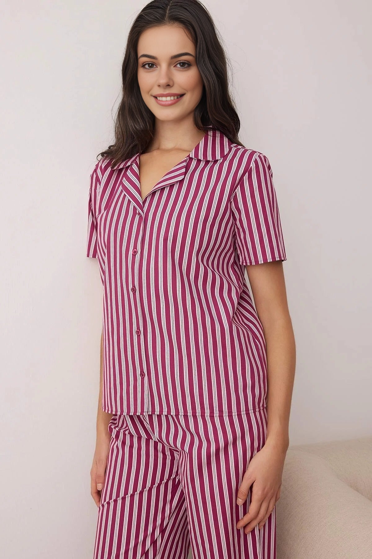 Multi Vertical Stripe Revere Collar Short Sleeve Cotton Poplin Pyjama Set, Image 1 of 3