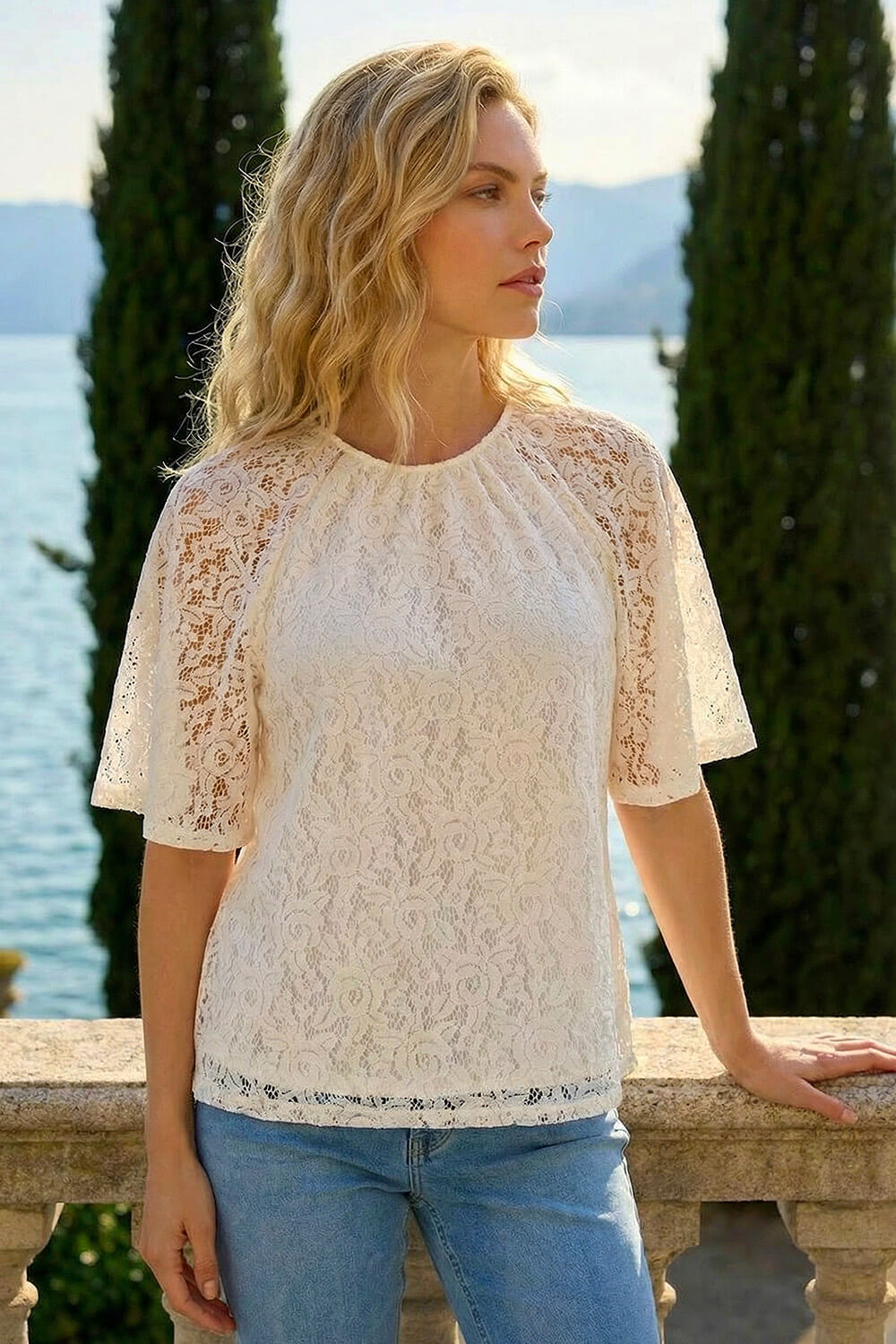 Ivory Lace Angel Sleeve Top, Image 1 of 4