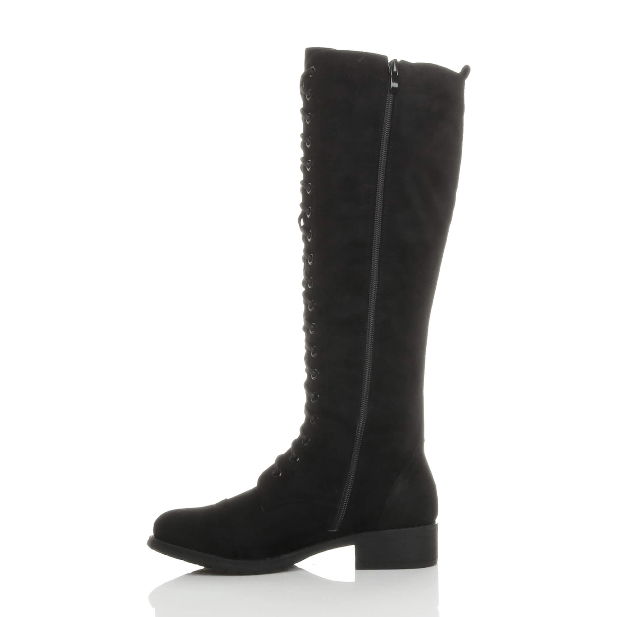 Black AJVANI Black Biker Lace Up Military Calf Knee Boots, Image 3 of 6