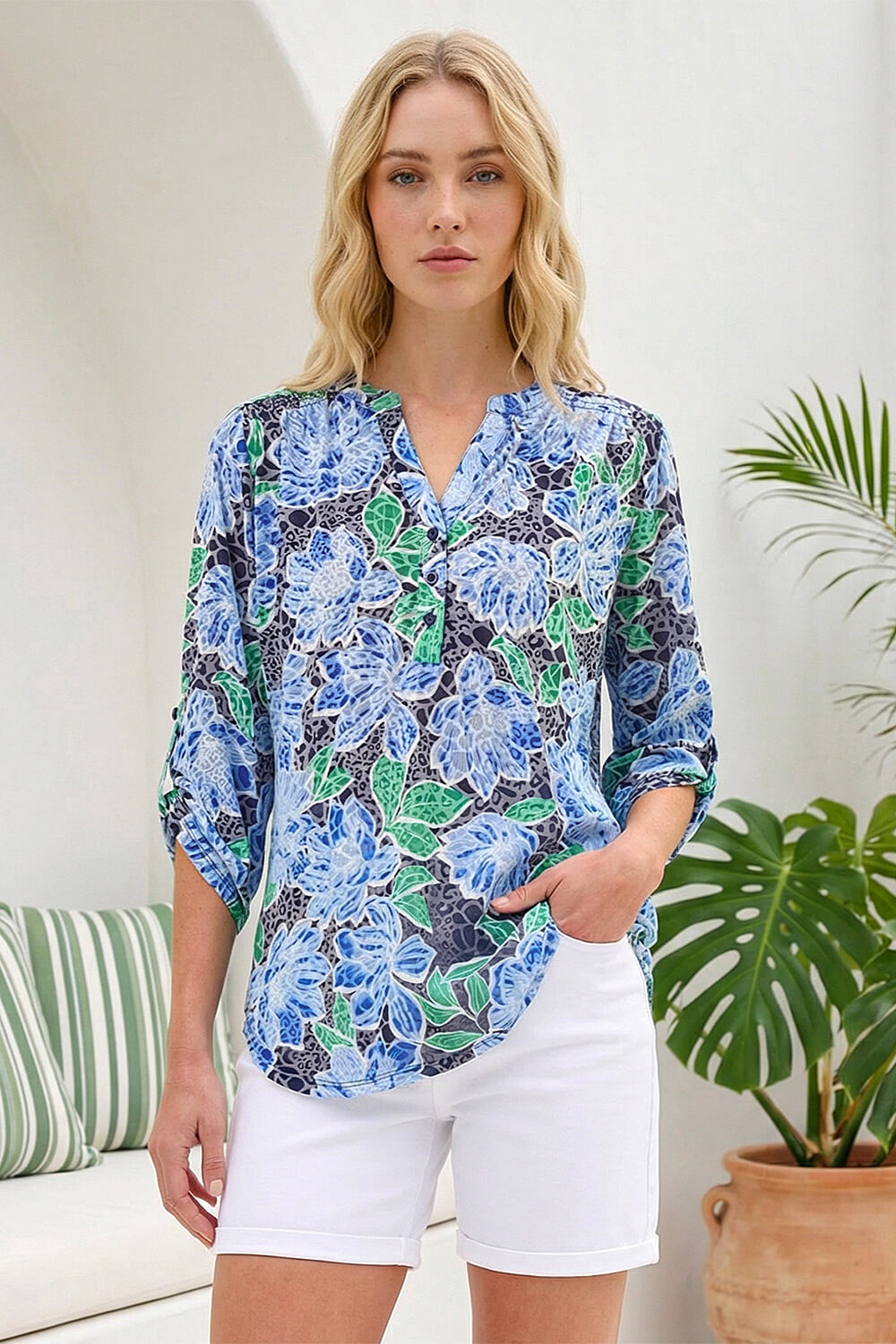 Blue Floral Print Burnout Shirt, Image 1 of 4