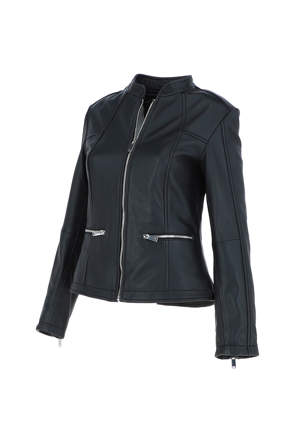 Black 'Chiara' Mandarin Collar Real Leather Biker Jacket, Image 3 of 5
