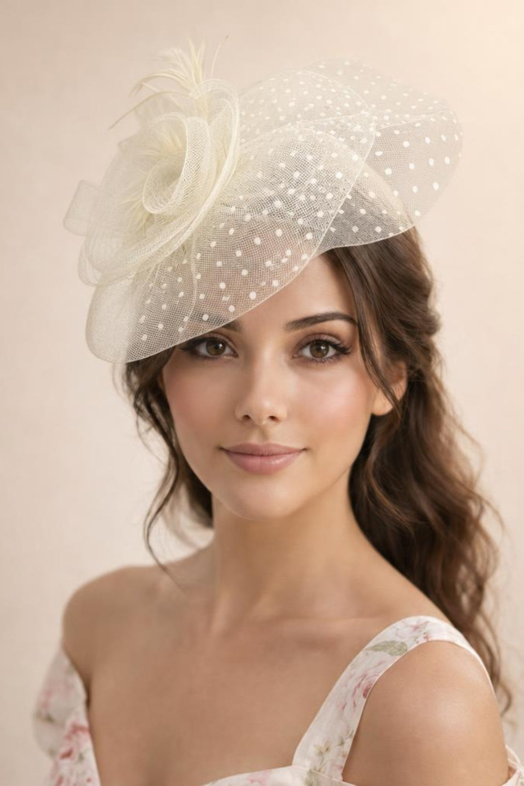 Cream Feather & Polka Veil Fascinator, Image 1 of 2