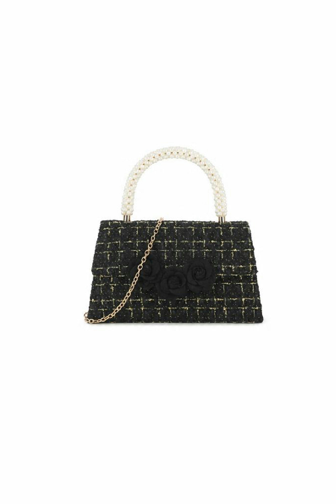 Black Tweed Top-Handle Handbag with Pearl Handle and Floral Appliqué, Image 2 of 2