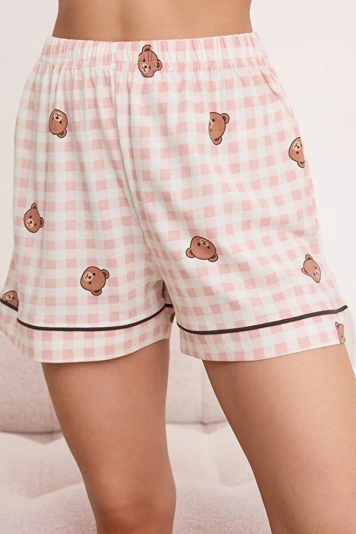 Multi Bear Print Check Short Sleeve Pyjama Lounge Short Set, Image 3 of 4