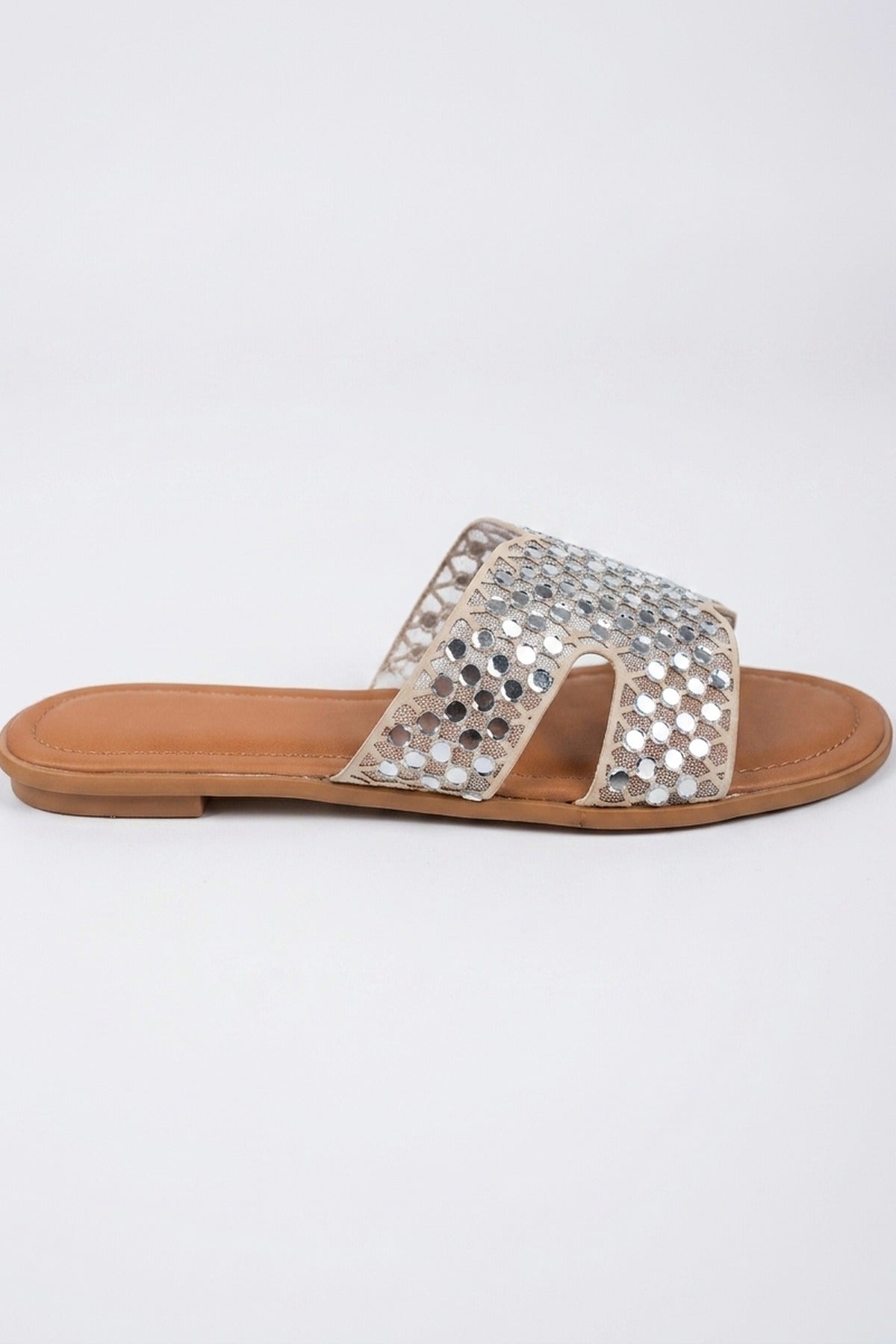 Beige Cordelia Mirrored Disc Embellished H Sandals, Image 1 of 5