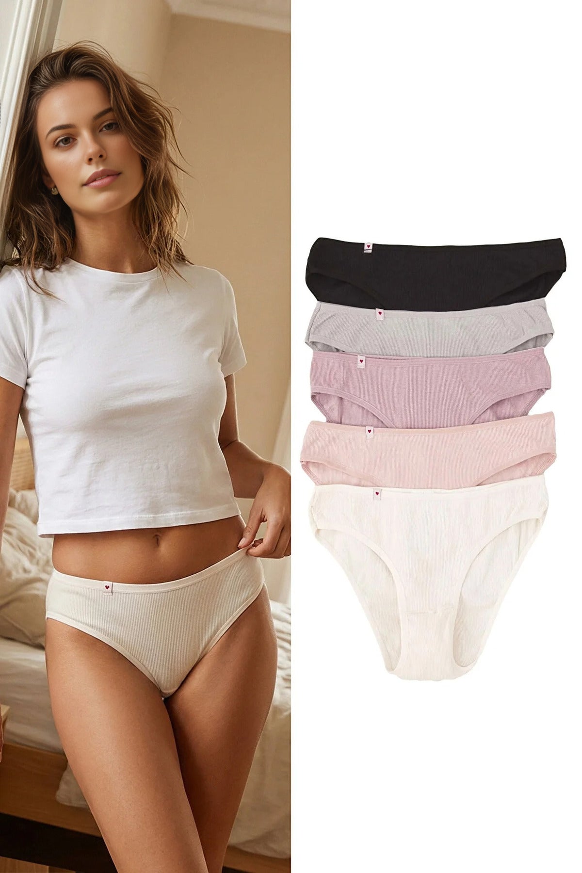 Multi 5 Pack Ribbed Cotton Knitted Bikini Briefs, Image 1 of 2
