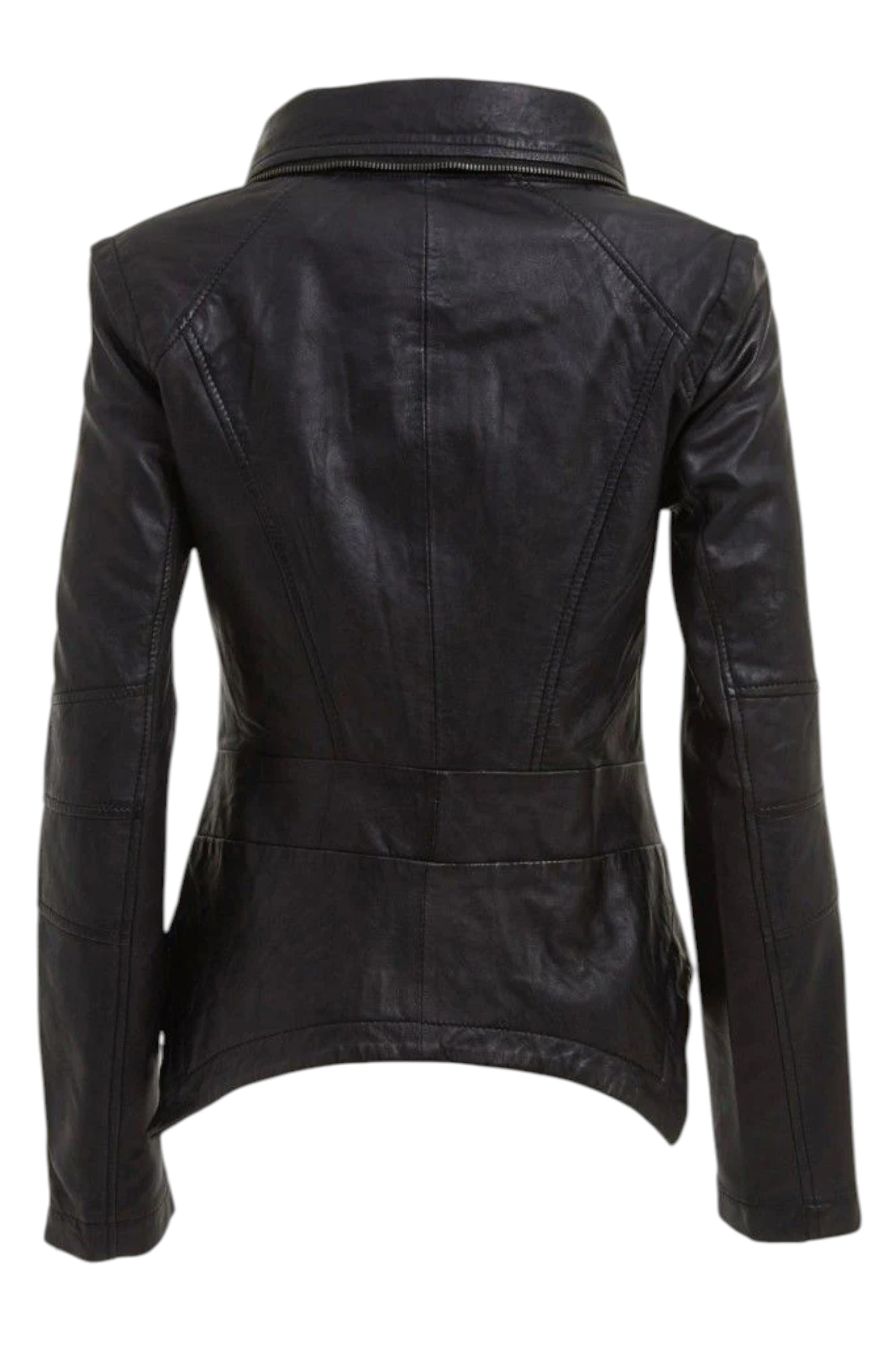 Black Detachable Collar Leather Biker Jacket, Image 3 of 4