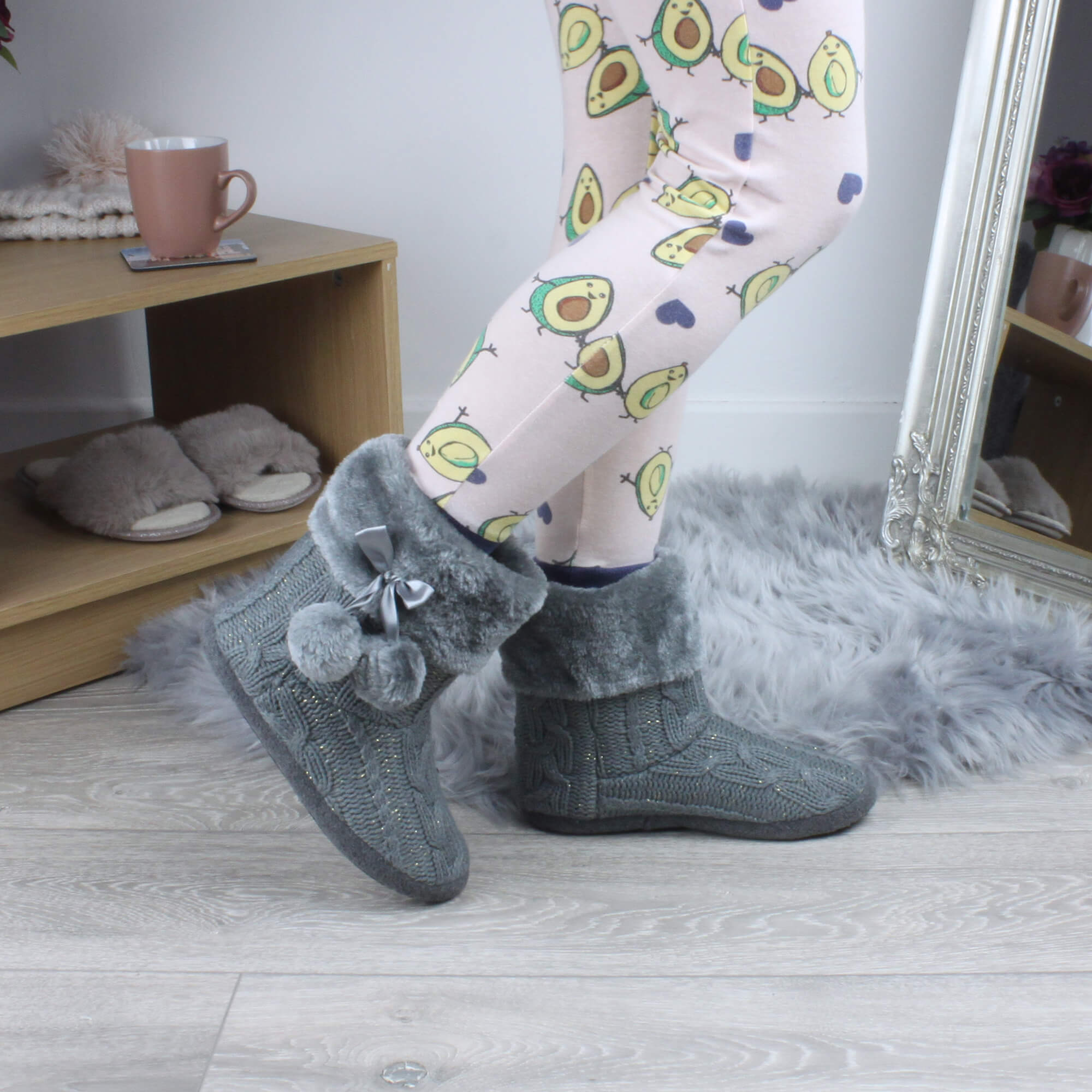 Grey AJVANI Grey Knitted Glitter Ankle Boot Slippers, Image 4 of 5