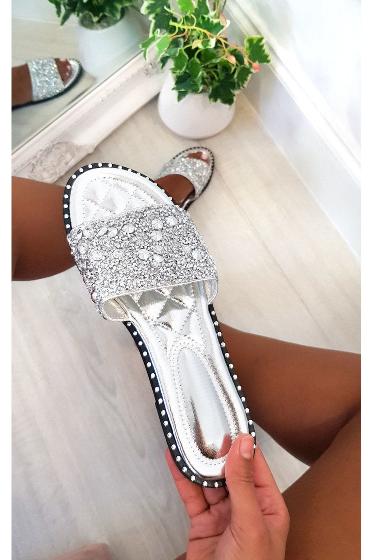 Silver iKrush Silver Sofie Embellished Slip On Sandals, Image 5 of 8