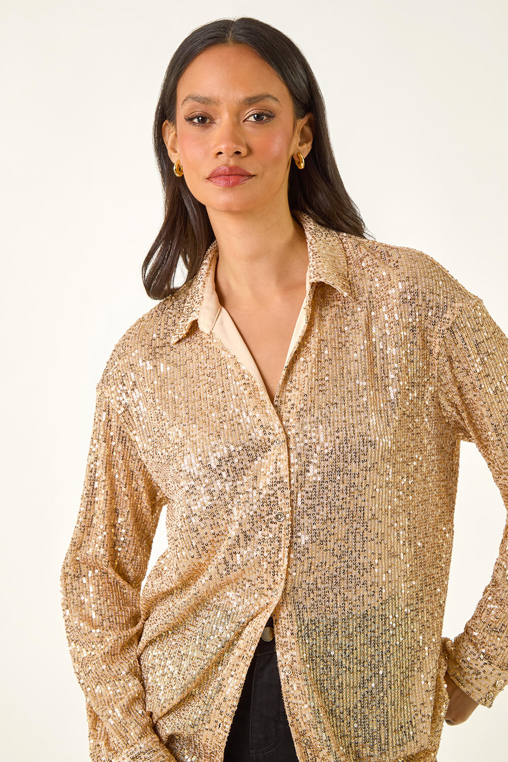 Gold Dusk Sequin Button Up Blouse, Image 5 of 5