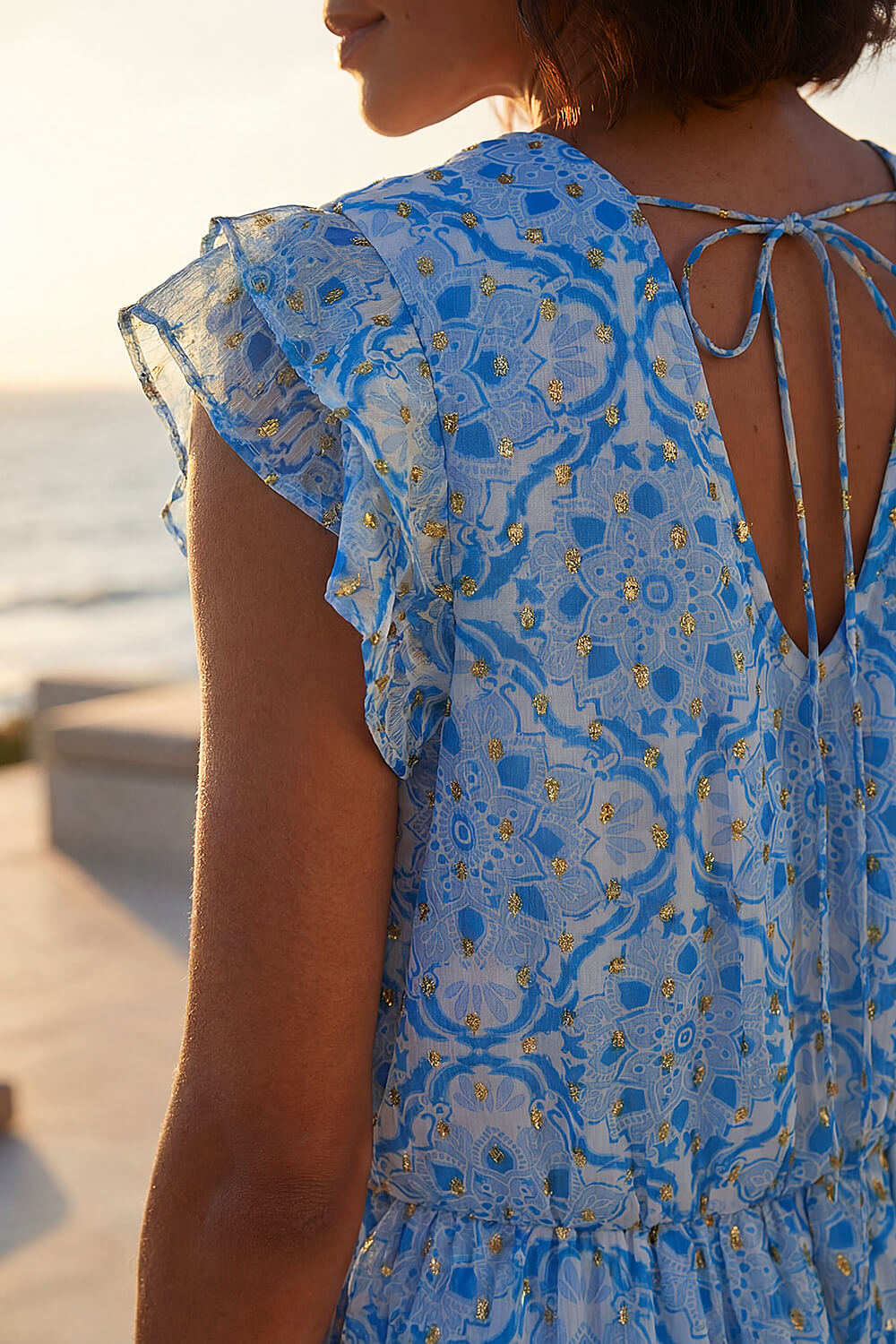 Blue Dusk Tile Shimmer Frill Maxi Dress, Image 5 of 4