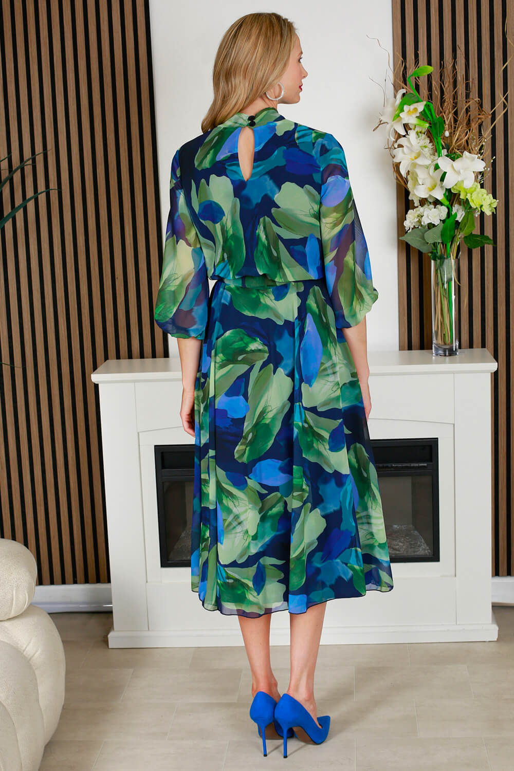 Navy Julianna Printed Chiffon Bow Midi Dress, Image 4 of 4