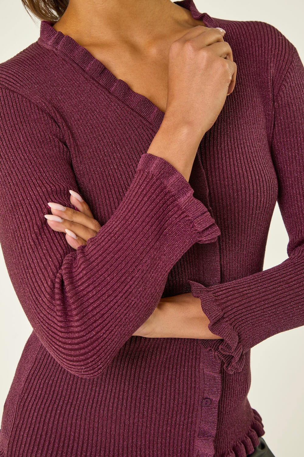 Burgundy V-Neck Ruffle Knit, Image 6 of 5