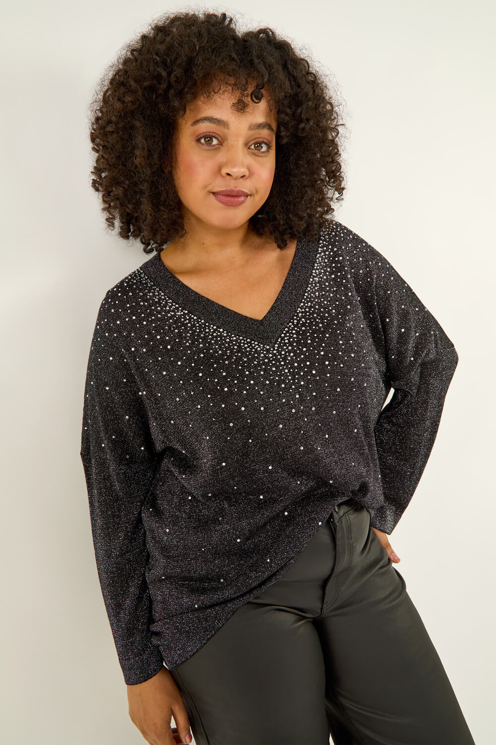 Black Curve Sparkly Knit Top, Image 1 of 5