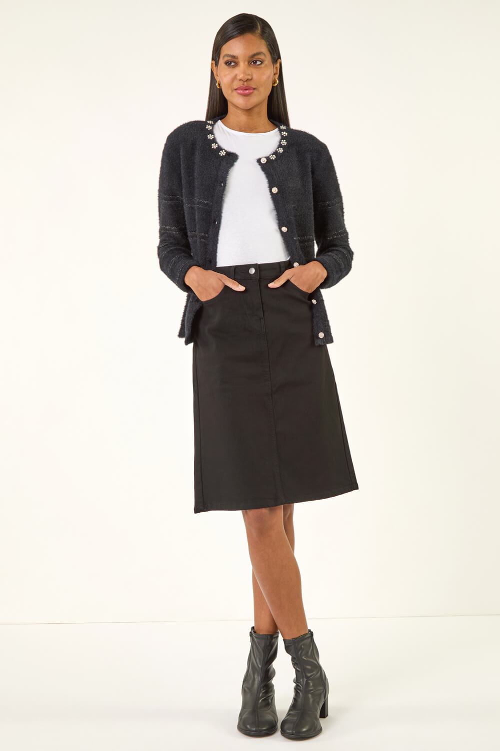 Black Fluffy Faux Pearl Knit Cardigan, Image 3 of 5