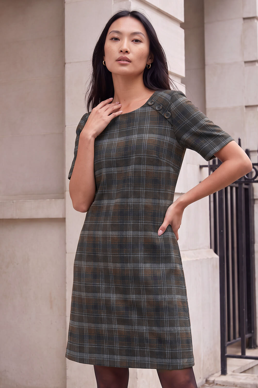 Roman Women's Chocolate Check Button Detail Dress Size 14