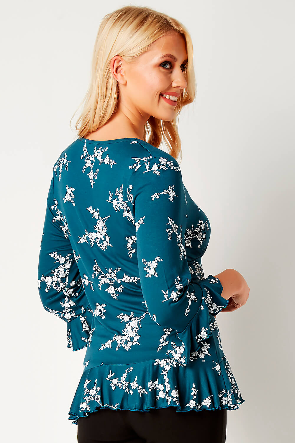 Teal Ditsy Floral Print Top, Image 4 of 4