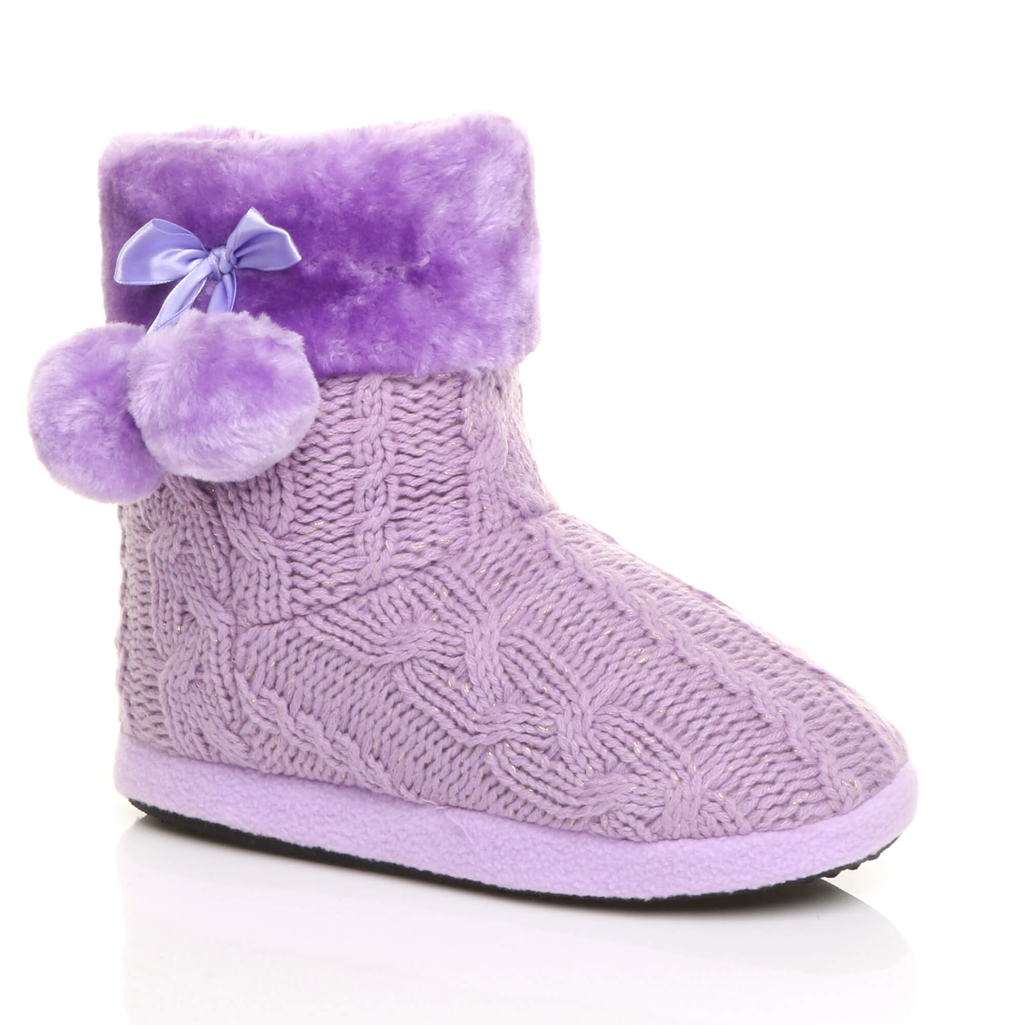 Purple Knitted Glitter Ankle Boot Slippers