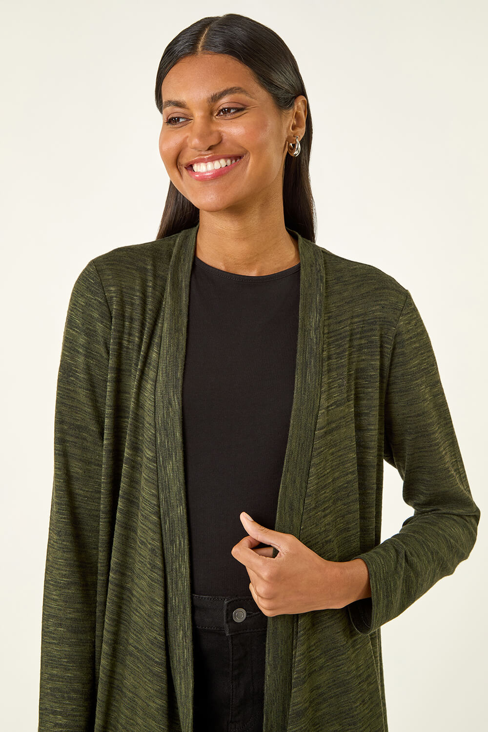 Khaki Waterfall Front Stretch Cardigan, Image 5 of 5