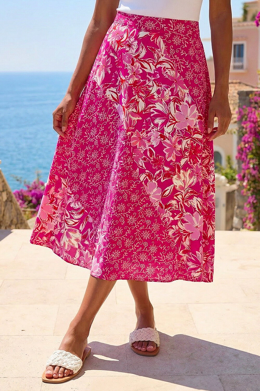 Pink Vivid Multi Floral Print A-Line Skirt, Image 3 of 4
