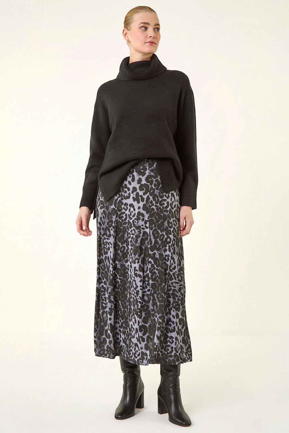 Dark Grey Leopard Print Midi Skirt, Image 4 of 5