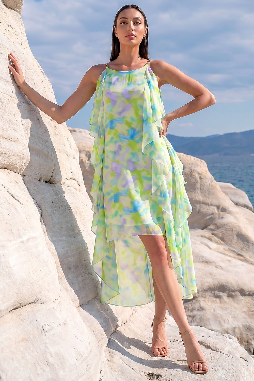 Lime Abstract Chiffon Ruffle Detail Midi Dress, Image 3 of 4