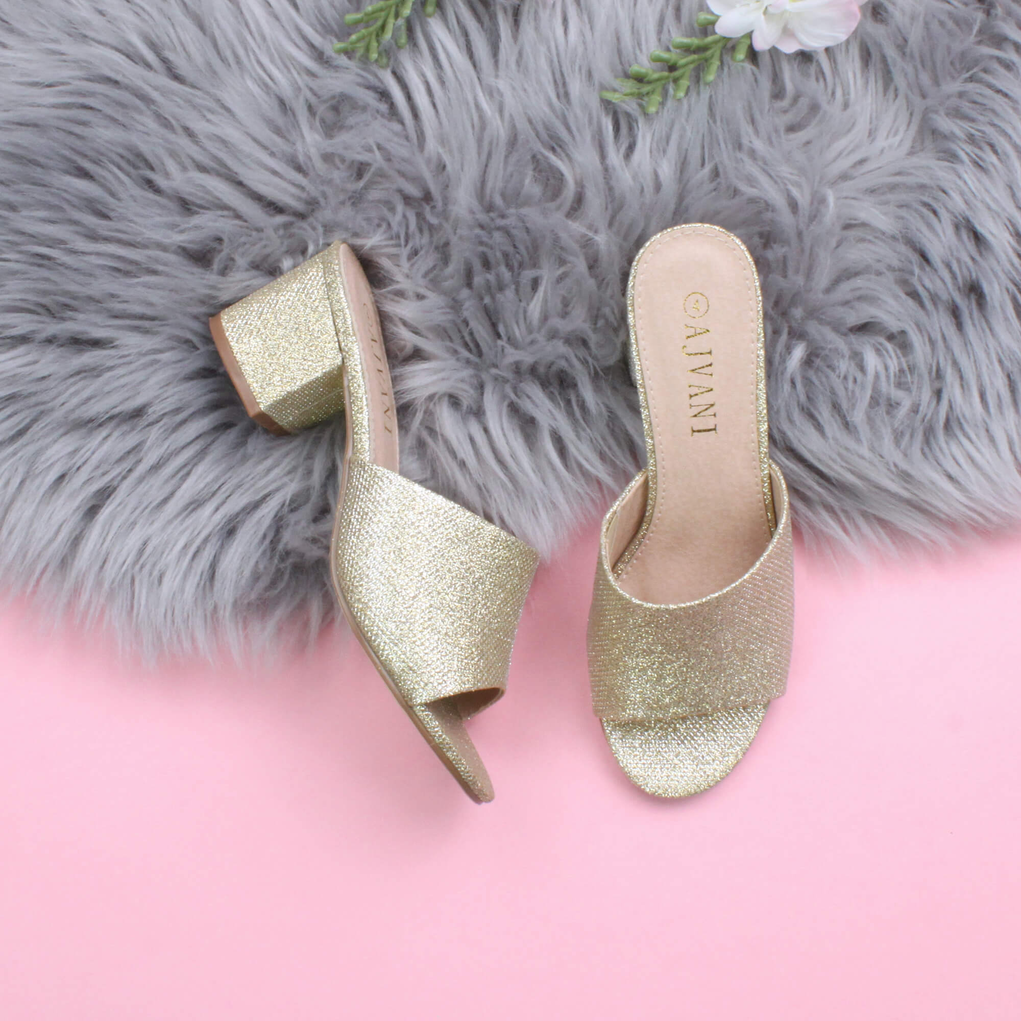Gold AJVANI Gold Mid Block Heel Peep Toe Mules Sandals, Image 4 of 6