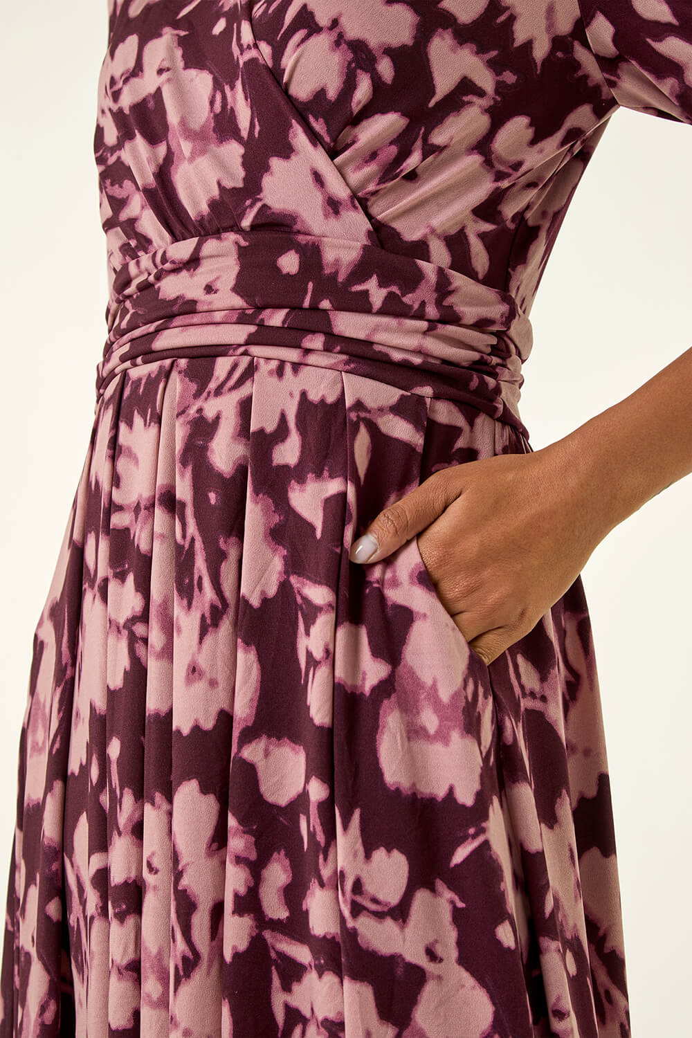 Wine Abstract Floral Wrap Midi Dress, Image 6 of 5