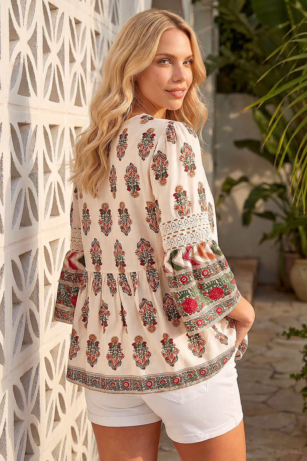 Ivory Petite Print V-Neck Lace Top, Image 4 of 4