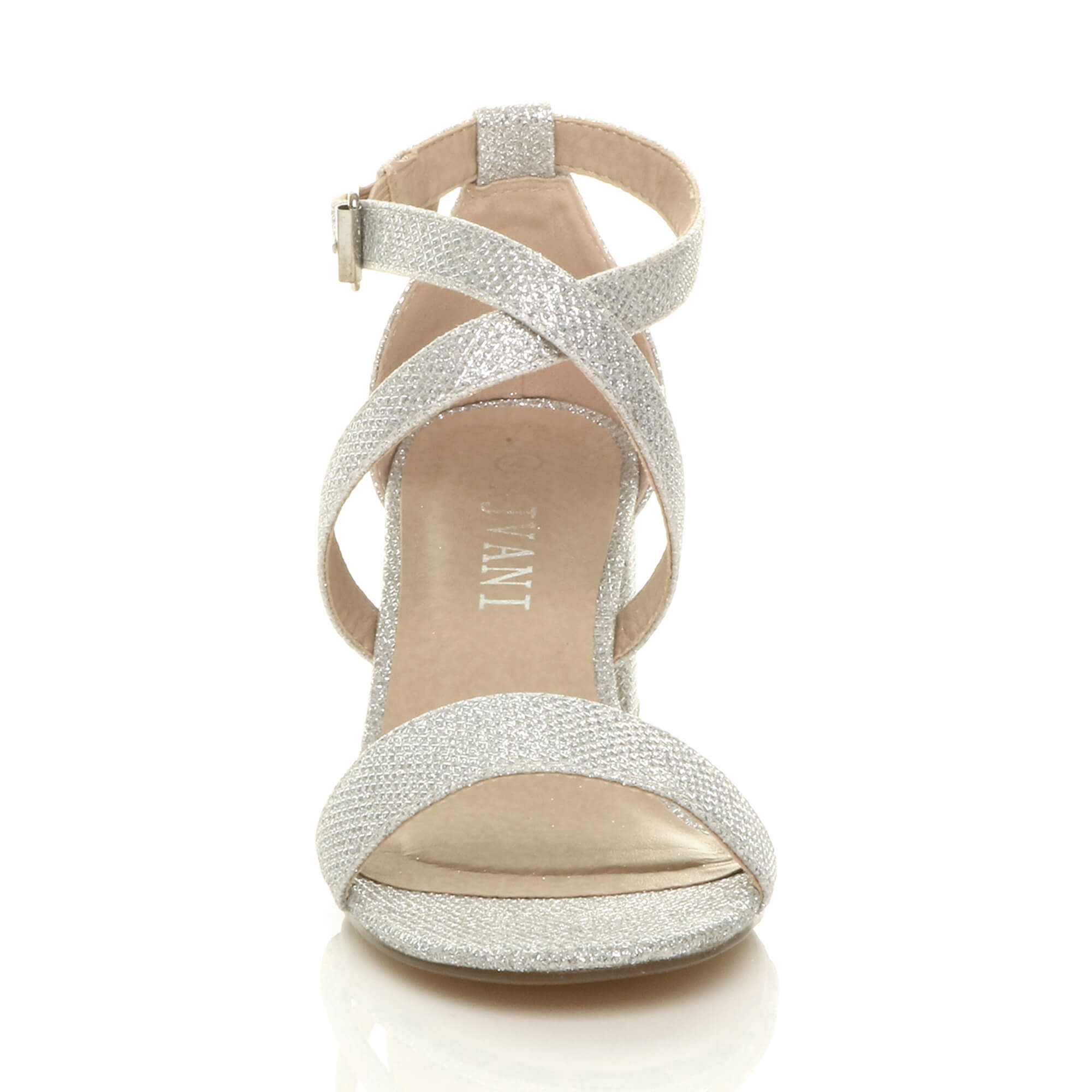 Silver AJVANI Silver Mid Block Heel Crossed Straps Sandals, Image 6 of 6