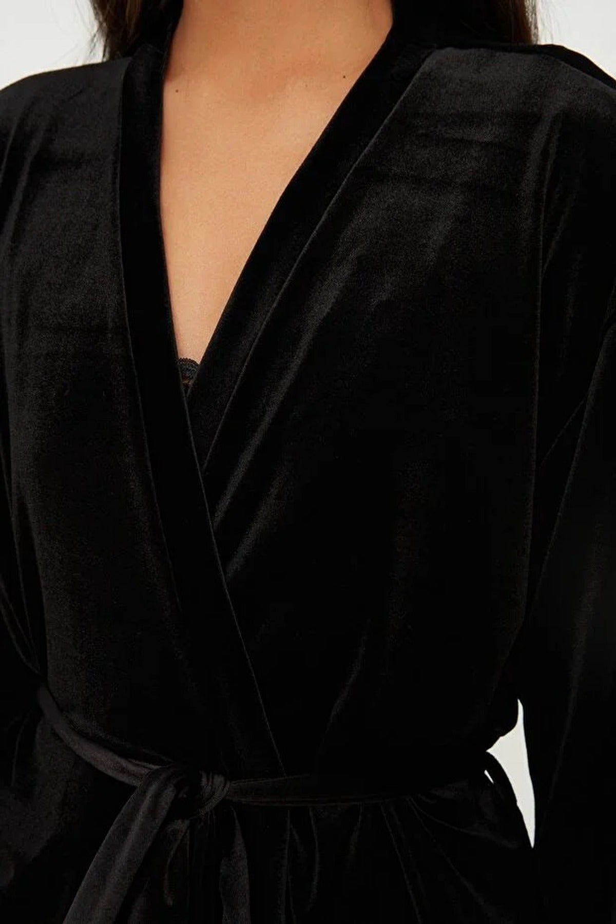 Black WOVCOR Black Soft Feeling Velvet Knit Dressing Gown, Image 2 of 3