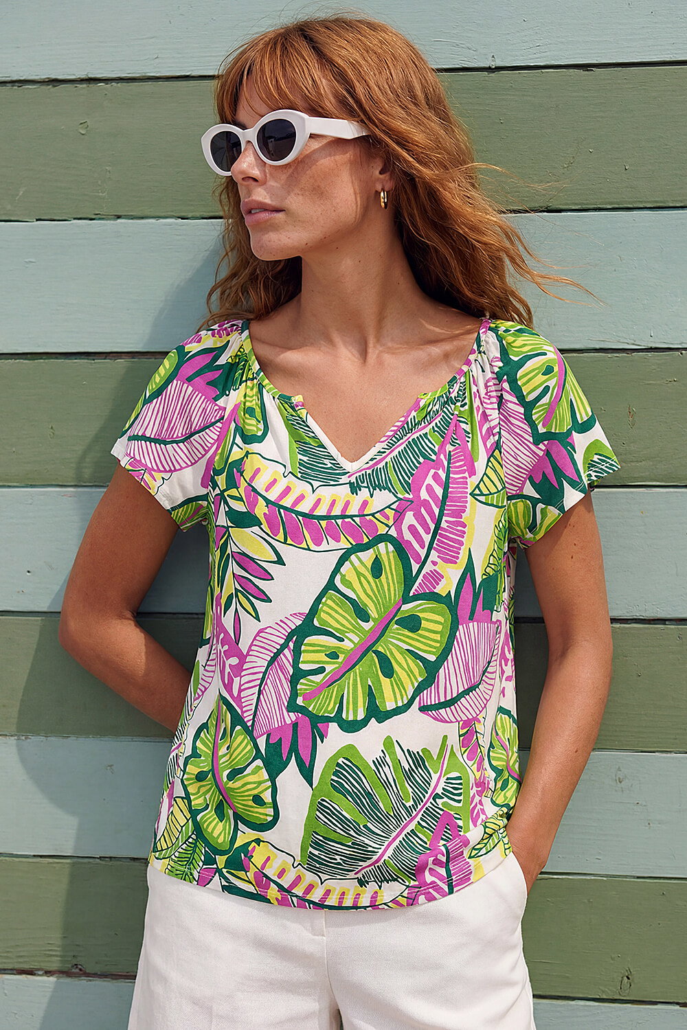 Pink Leaf Print V-Neck Stretch Top, Image 1 of 4