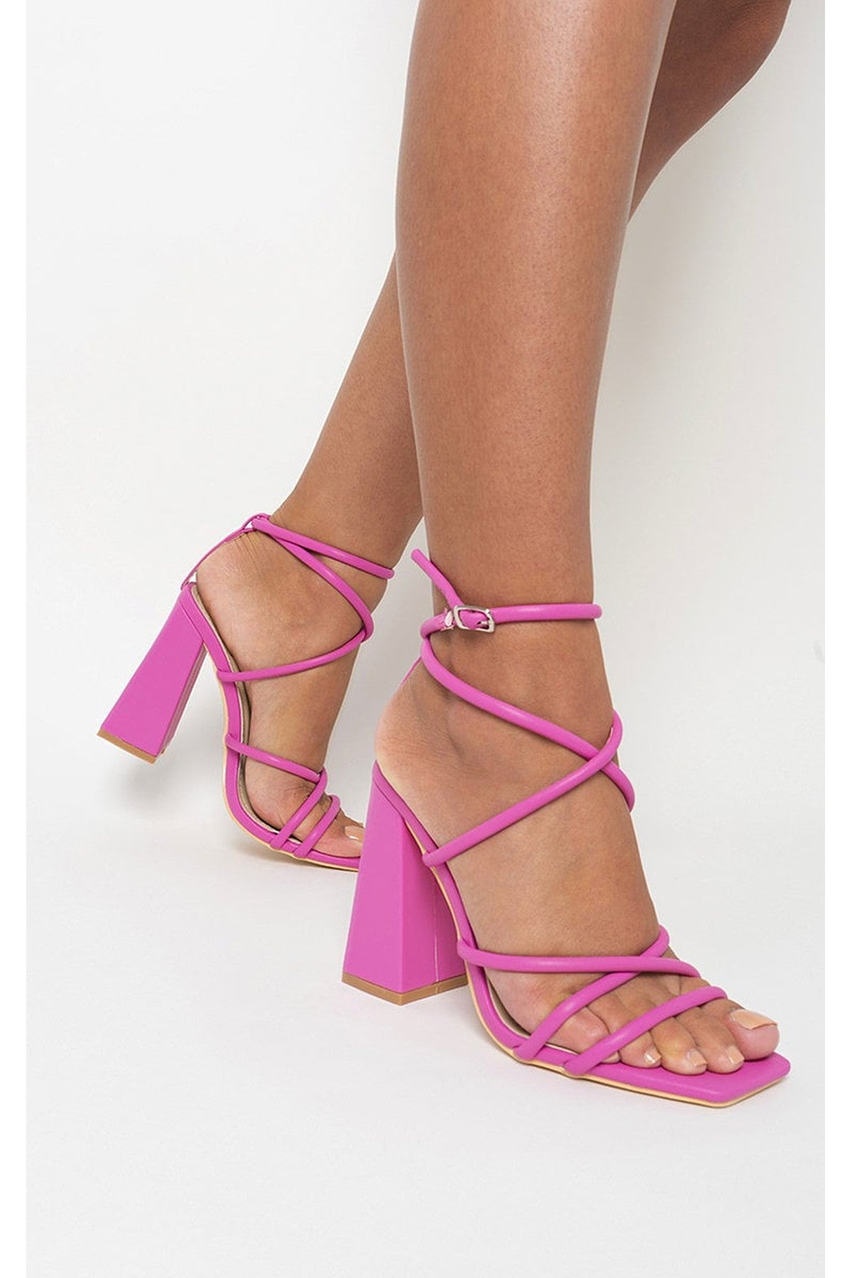 Pink Michaela Strappy Ankle Block Heeled Sandals
