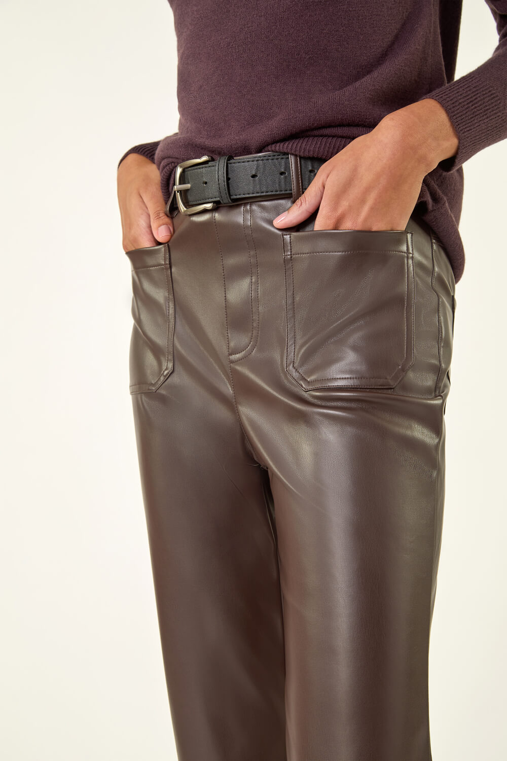 Chocolate Faux Leather Bootcut Full Length Trouser, Image 6 of 5