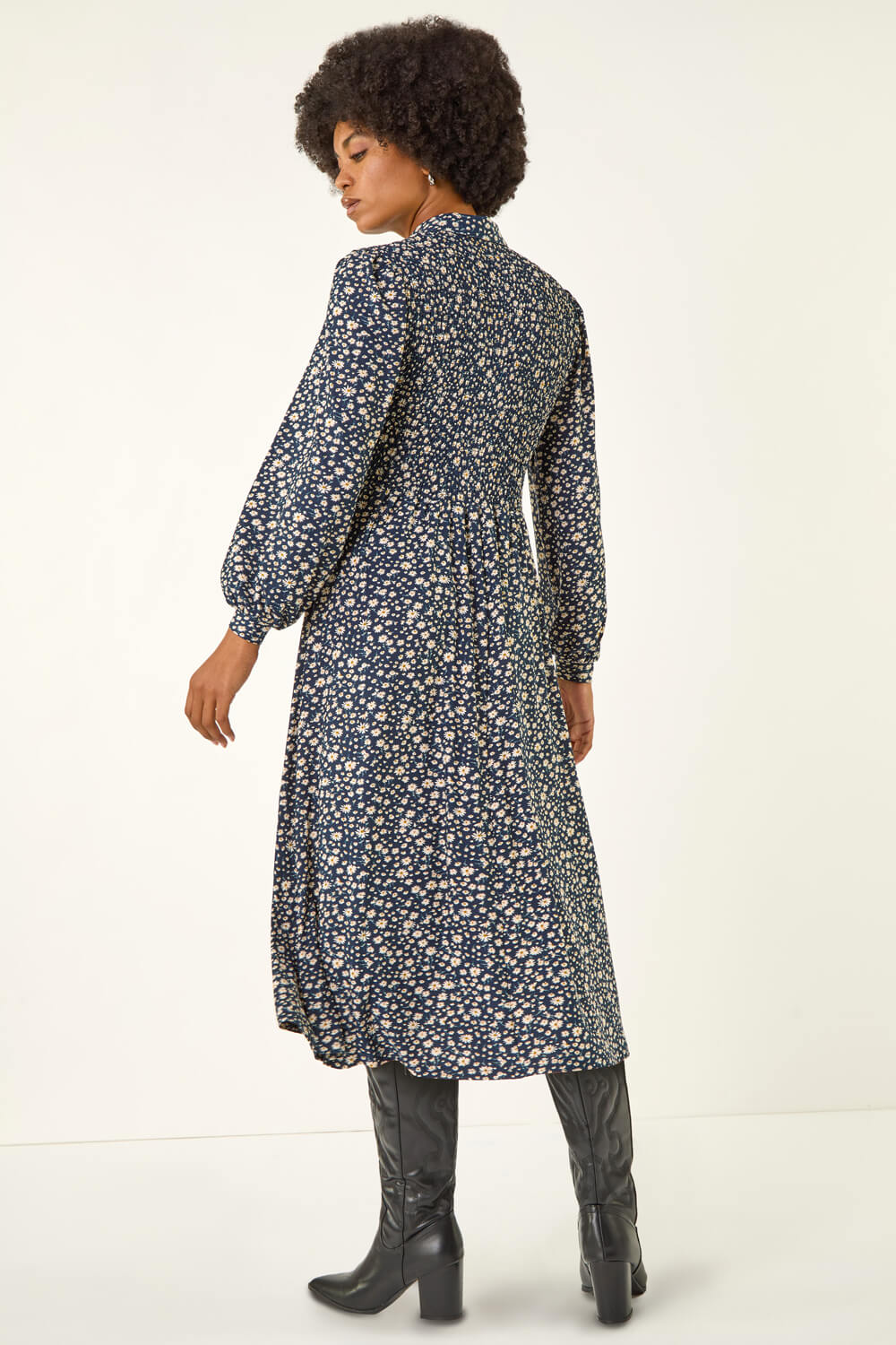Navy  Ditsy Floral Print Shirred Midi Dress, Image 4 of 5
