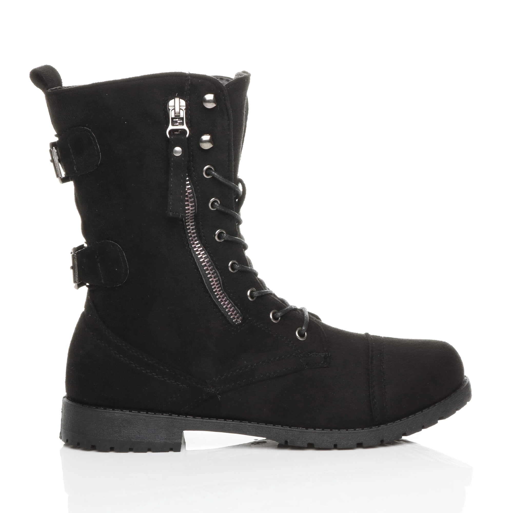 Black Lace Up Zips Military Biker Ankle Boots, Image 2 of 6
