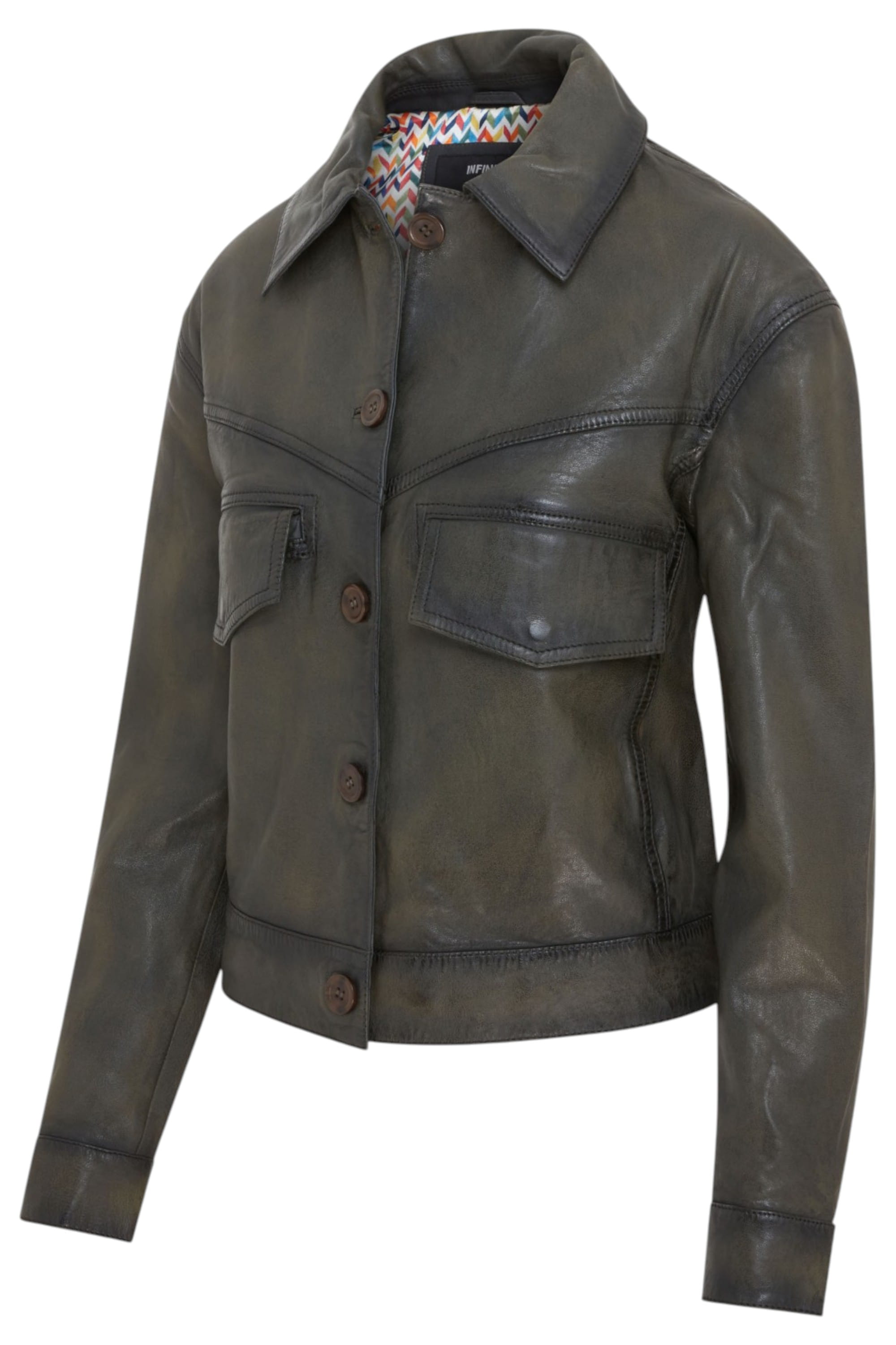 Olive Retro Biker Leather Jacket - Kopervik, Image 2 of 6