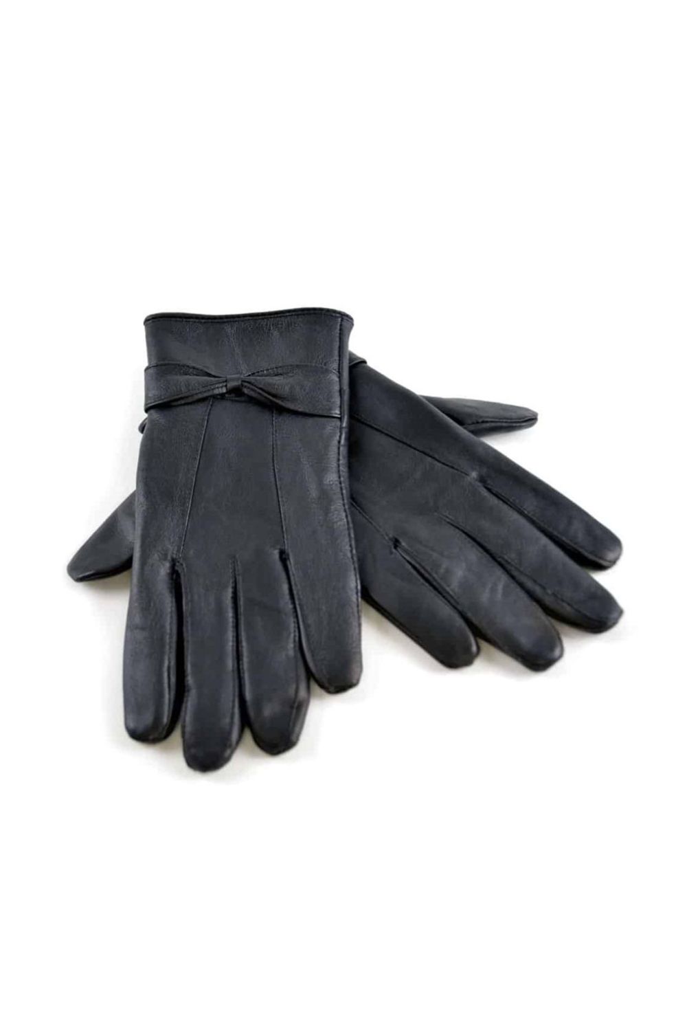Black Fleece Lined Warm Leather Gloves with Bow, Image 1 of 5