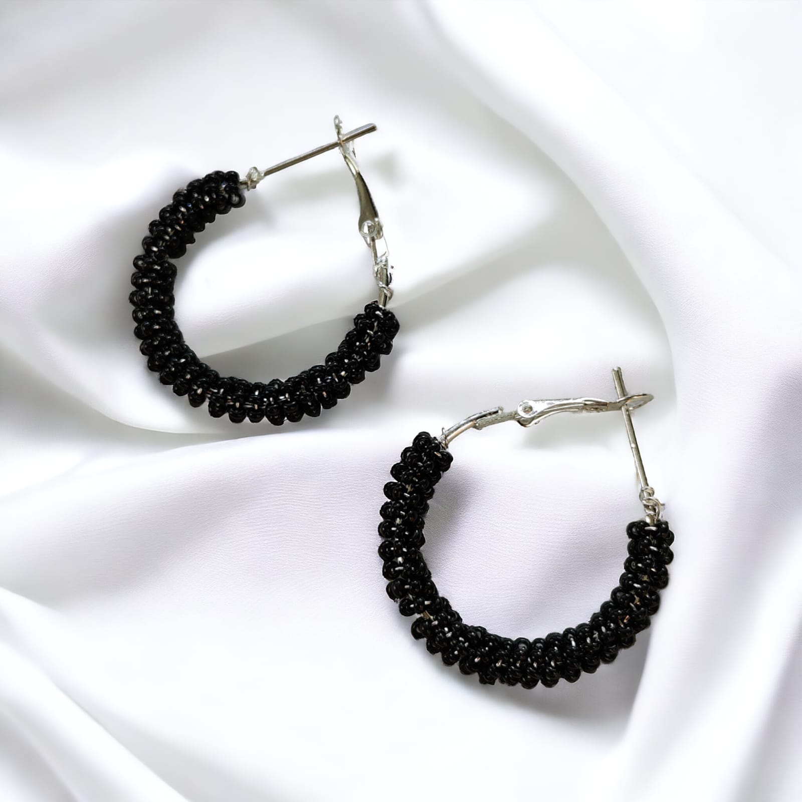 Black Large Bead Braided Boho Huggie Earrings, Image 4 of 6