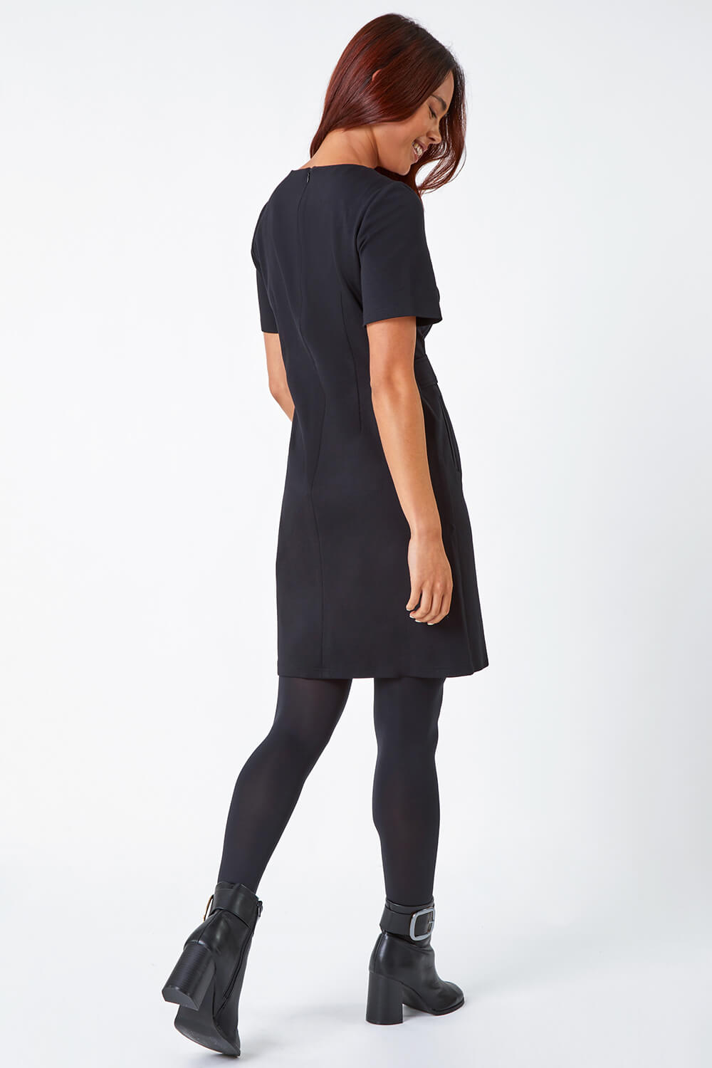 Black Petite Belted Shift Stretch Dress, Image 4 of 5