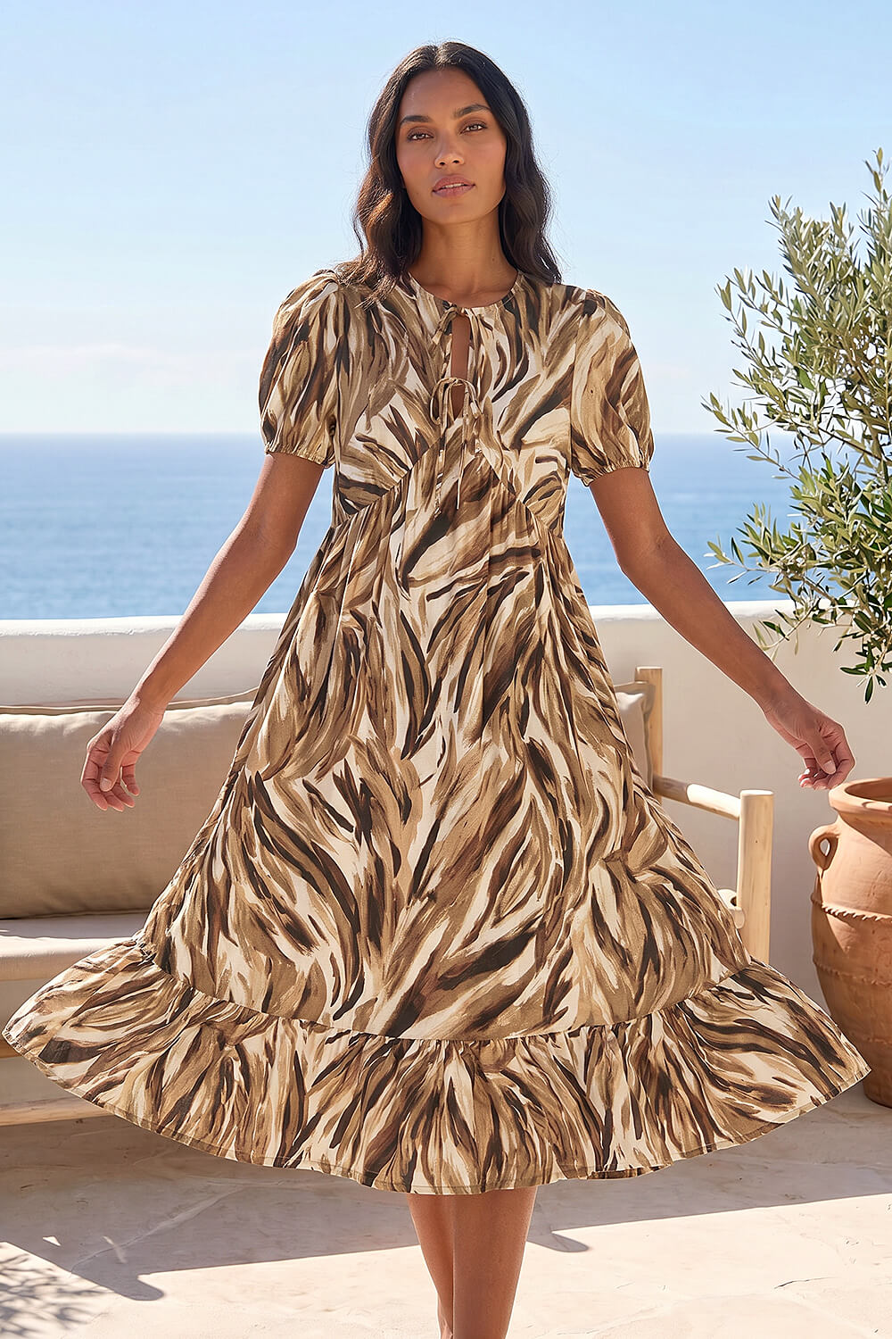 Tan Abstract Print Tie Front Smock Dress, Image 1 of 4
