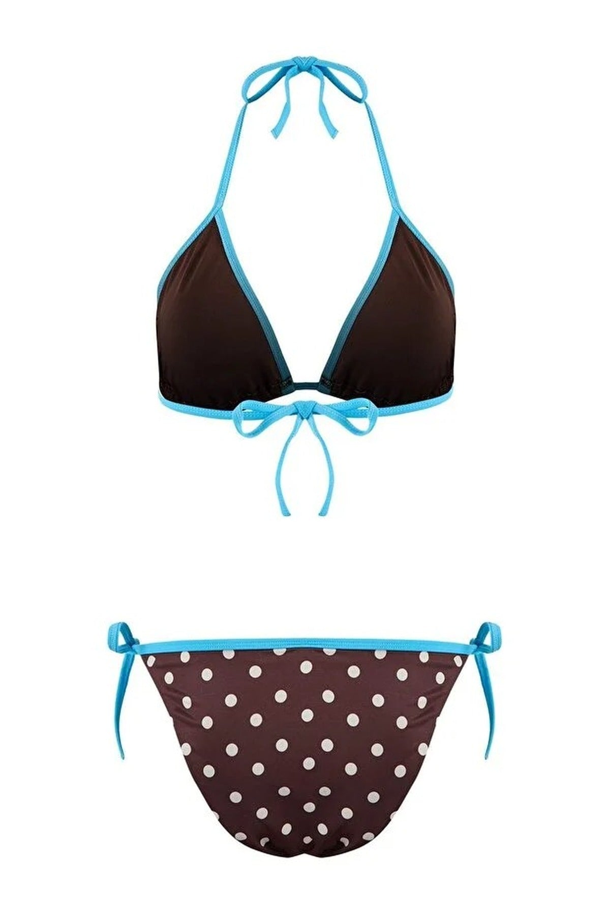Multi Polka Dot Tie Side Triangle Bikini Set with Contrast Trim, Image 3 of 4