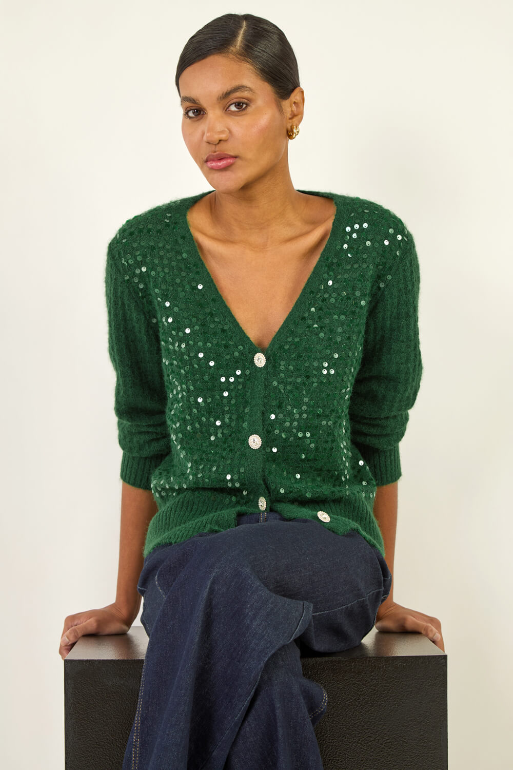 Forest  Buttoned Sparkly Knit Cardigan, Image 3 of 7