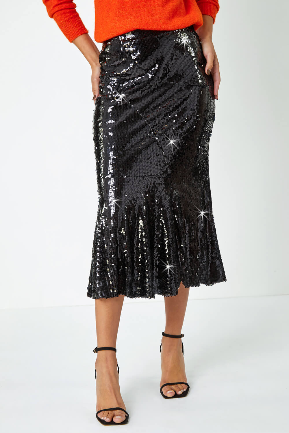 Black Sequin Embellished Fluted Midi Skirt, Image 1 of 6